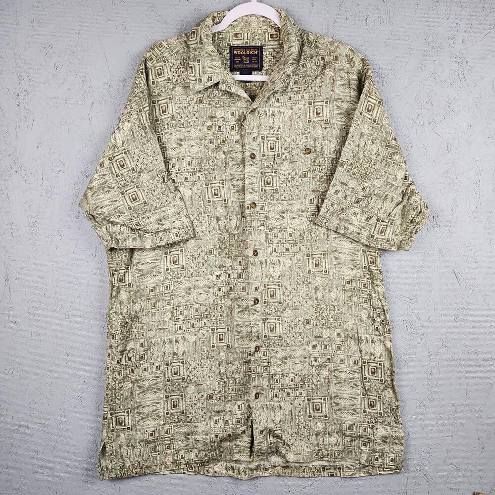 Woolrich Shirt Mens 2XL Green Beige Geometric Golf Print Camp Button Fly Fishing